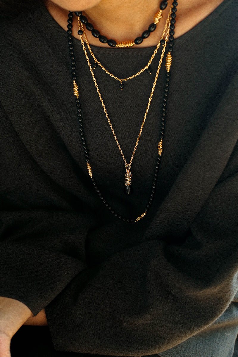 Vintage Black Agate Multi - Pendant Twisted Metal Necklace - floysun