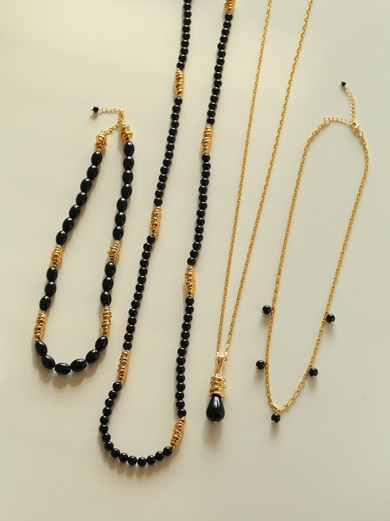 Vintage Black Agate Multi - Pendant Twisted Metal Necklace - floysun