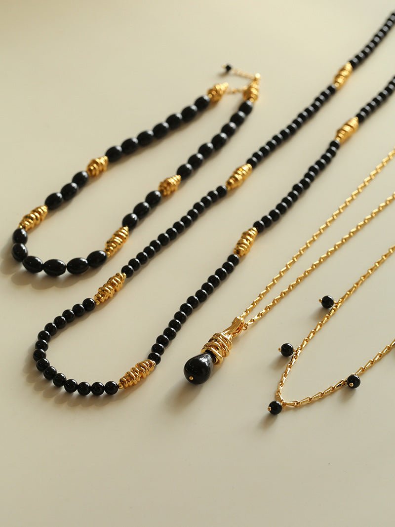 Vintage Black Agate Multi - Pendant Twisted Metal Necklace - floysun