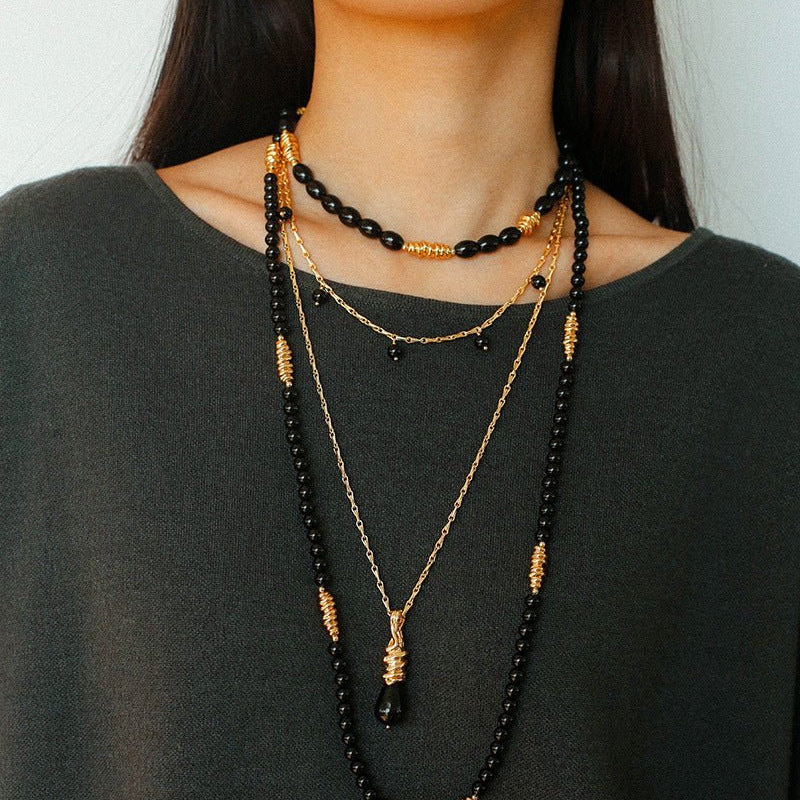 Vintage Black Agate Multi - Pendant Twisted Metal Necklace - floysun