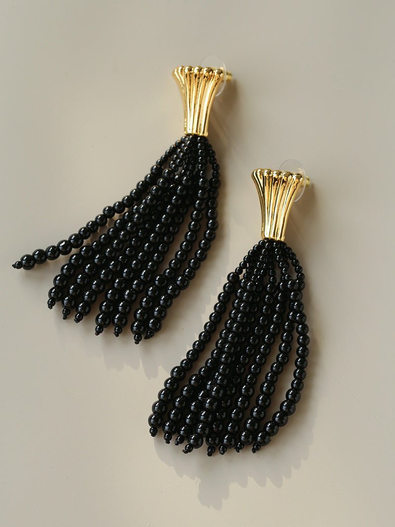 Vintage Black Onyx Tassel Long Earrings - floysun