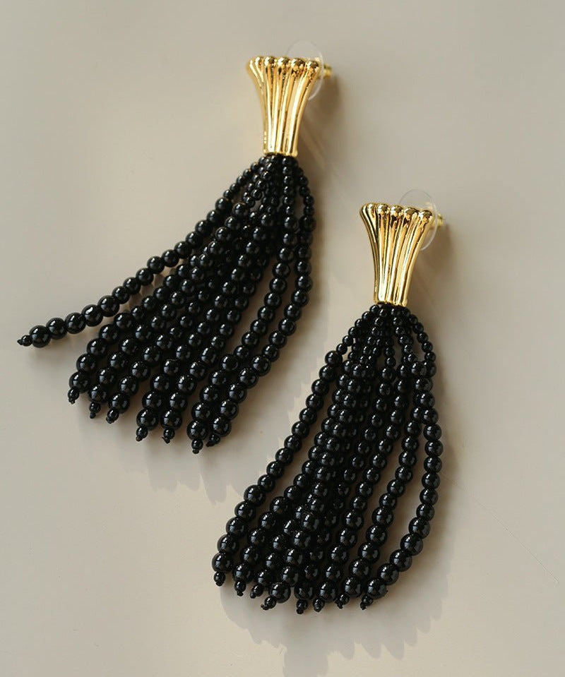 Vintage Black Onyx Tassel Long Earrings - floysun