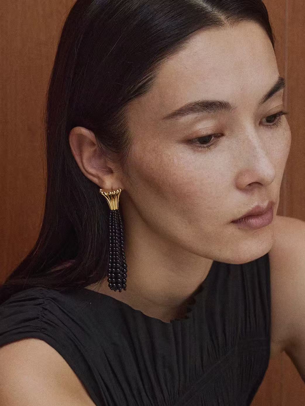 Vintage Black Onyx Tassel Long Earrings - floysun