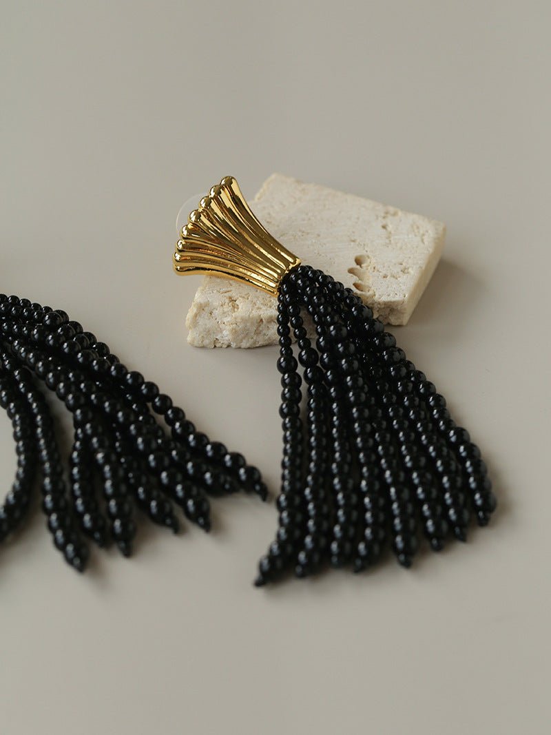 Vintage Black Onyx Tassel Long Earrings - floysun