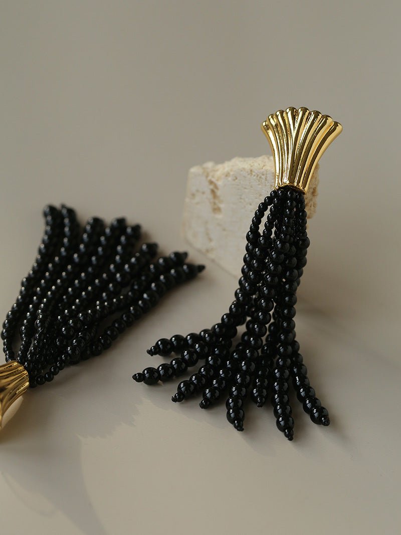 Vintage Black Onyx Tassel Long Earrings - floysun