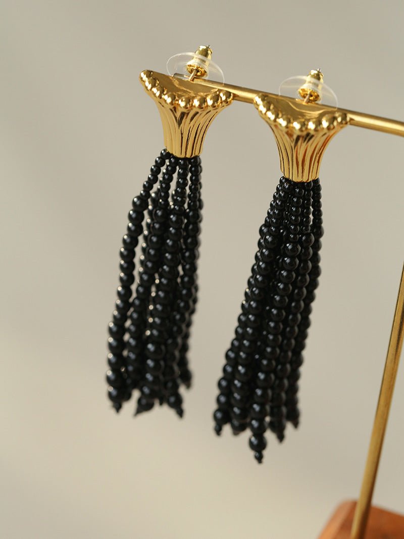 Vintage Black Onyx Tassel Long Earrings - floysun
