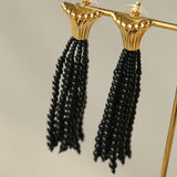 Vintage Black Onyx Tassel Long Earrings - floysun