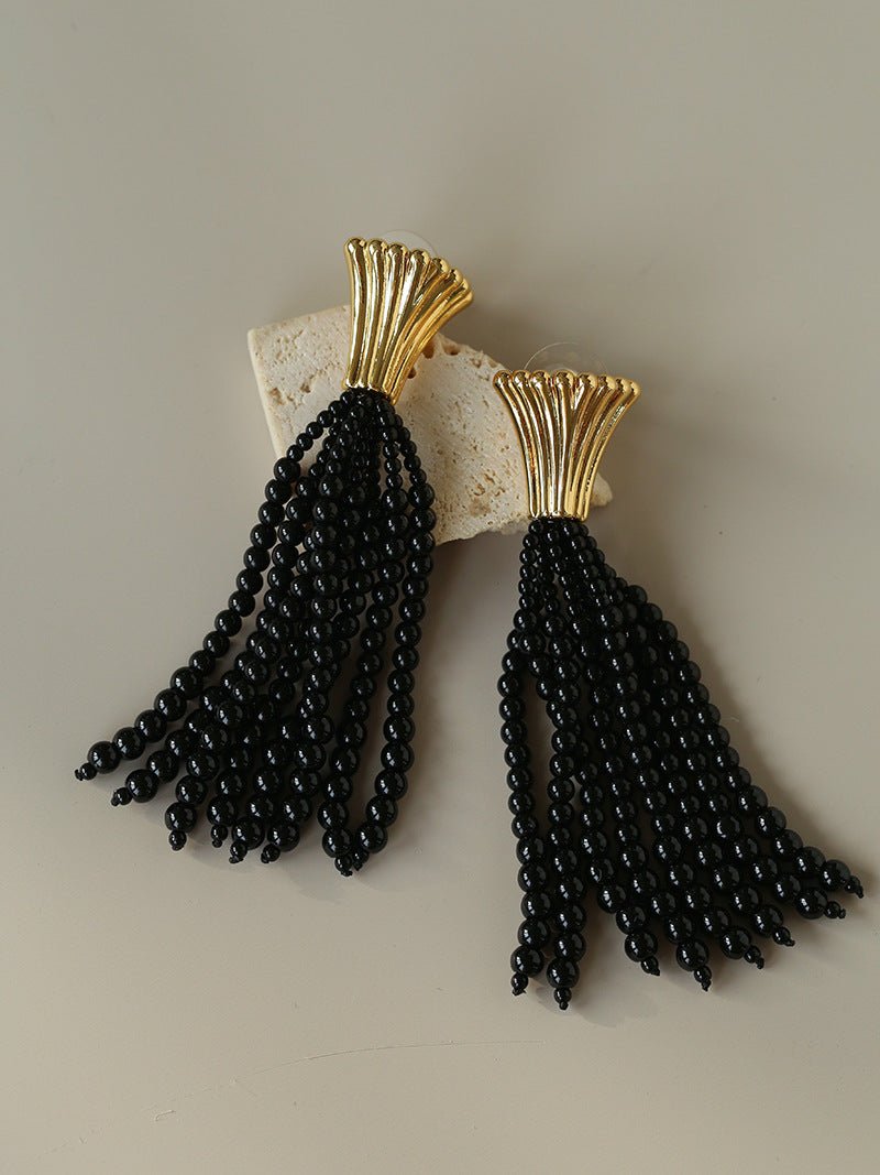 Vintage Black Onyx Tassel Long Earrings - floysun