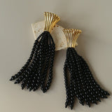 Vintage Black Onyx Tassel Long Earrings - floysun