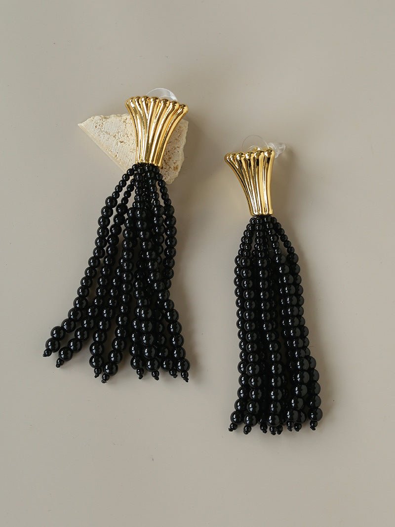Vintage Black Onyx Tassel Long Earrings - floysun