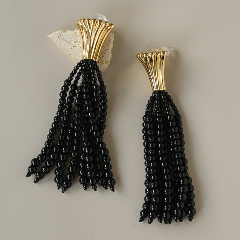 Vintage Black Onyx Tassel Long Earrings - floysun