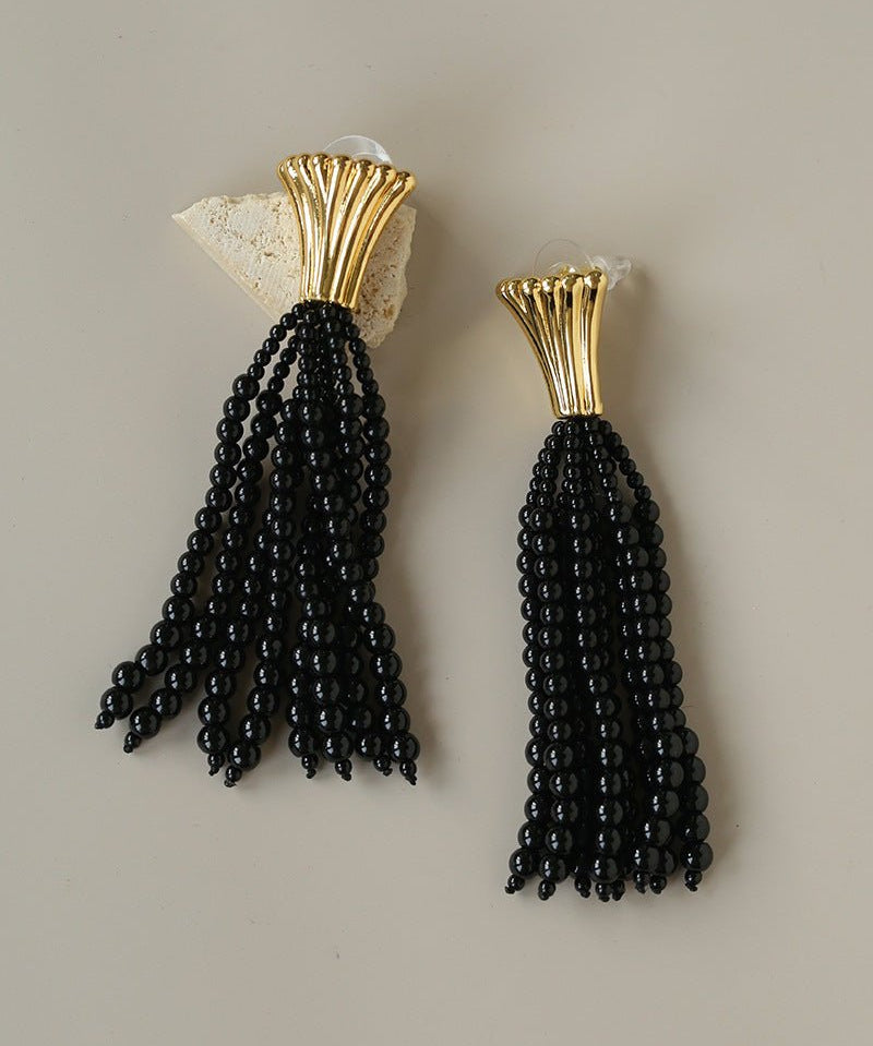 Vintage Black Onyx Tassel Long Earrings - floysun