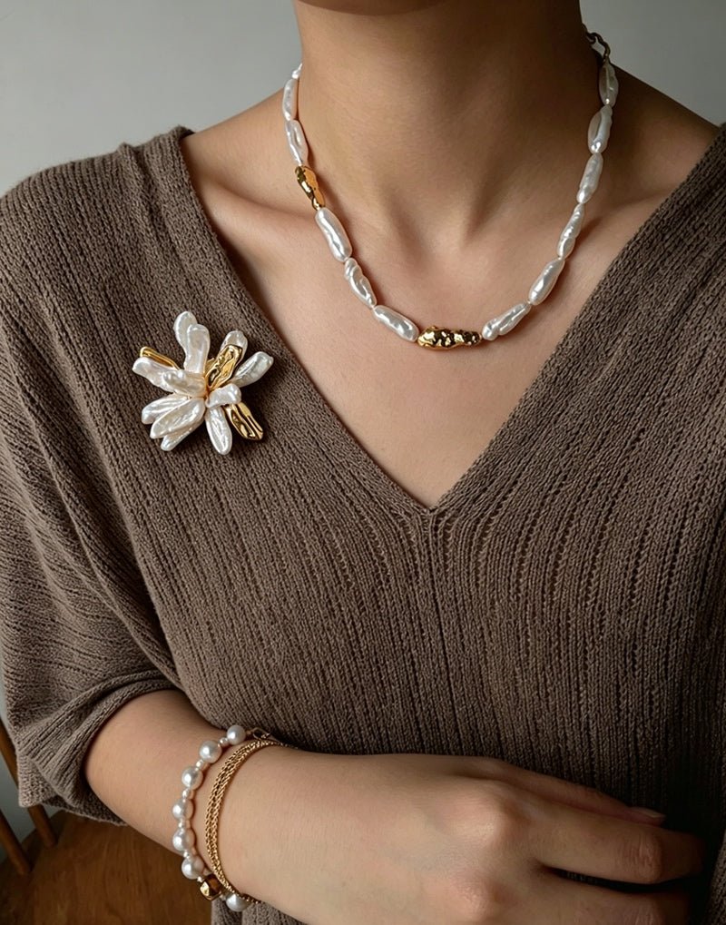 Vintage Blooming Flower Toothpick Pearl Baroque Pearl Brooch - floysun