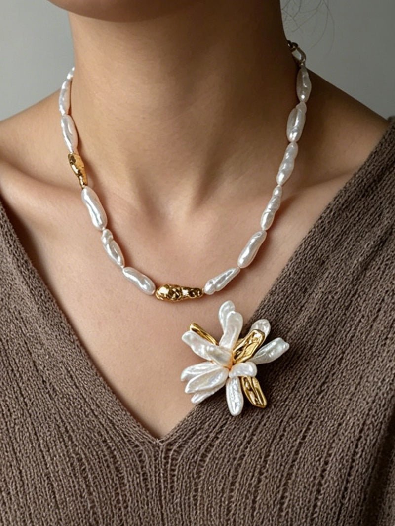 Vintage Blooming Flower Toothpick Pearl Baroque Pearl Brooch - floysun