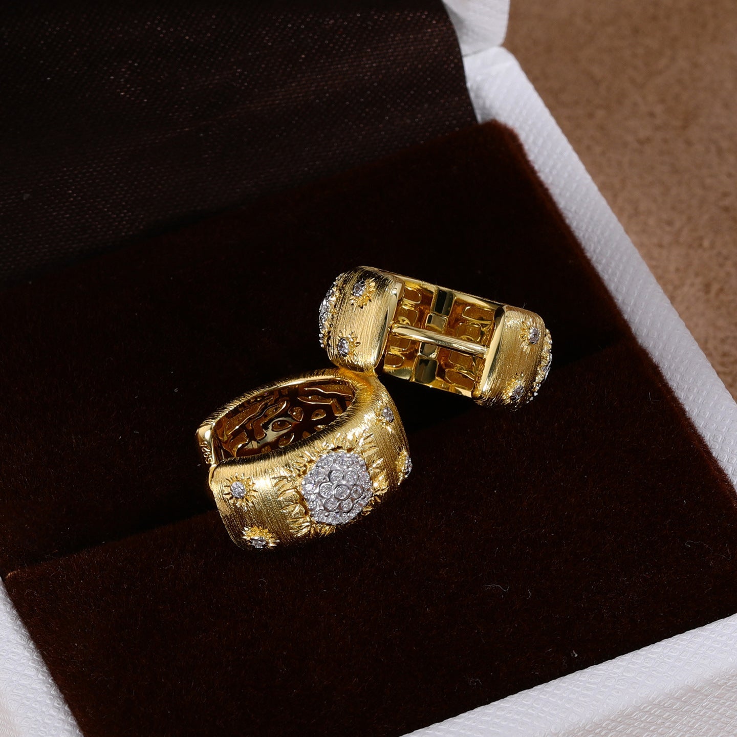Vintage Brushed Floral Cubic Zirconia Hoop Earrings - floysun