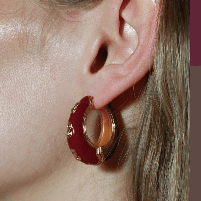 Vintage Burgundy Enamel Sculpted Hoop Earrings - floysun
