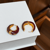Vintage Burgundy Enamel Sculpted Hoop Earrings - floysun