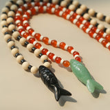 Vintage Carved Fish Necklace with Natural Stones – Red Green & Black White - floysun