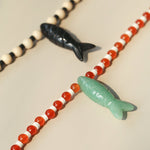 Vintage Carved Fish Necklace with Natural Stones – Red Green & Black White - floysun