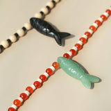 Vintage Carved Fish Necklace with Natural Stones – Red Green & Black White - floysun