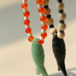 Vintage Carved Fish Necklace with Natural Stones – Red Green & Black White - floysun