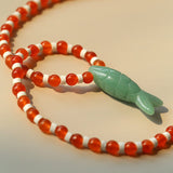 Vintage Carved Fish Necklace with Natural Stones – Red Green & Black White - floysun