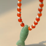 Vintage Carved Fish Necklace with Natural Stones – Red Green & Black White - floysun