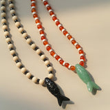 Vintage Carved Fish Necklace with Natural Stones – Red Green & Black White - floysun