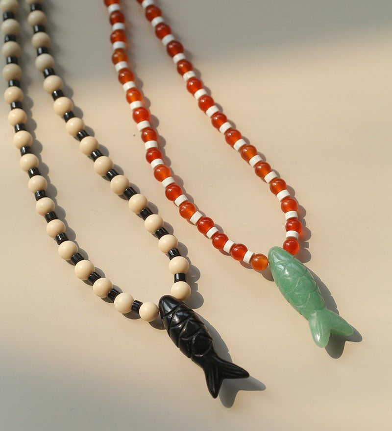 Vintage Carved Fish Necklace with Natural Stones – Red Green & Black White - floysun