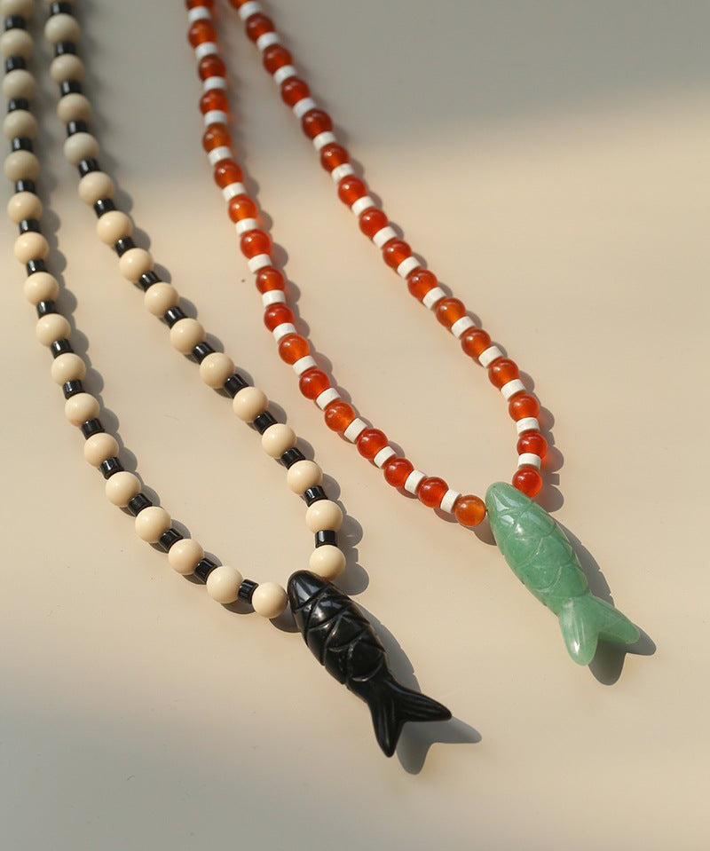 Vintage Carved Fish Necklace with Natural Stones – Red Green & Black White - floysun