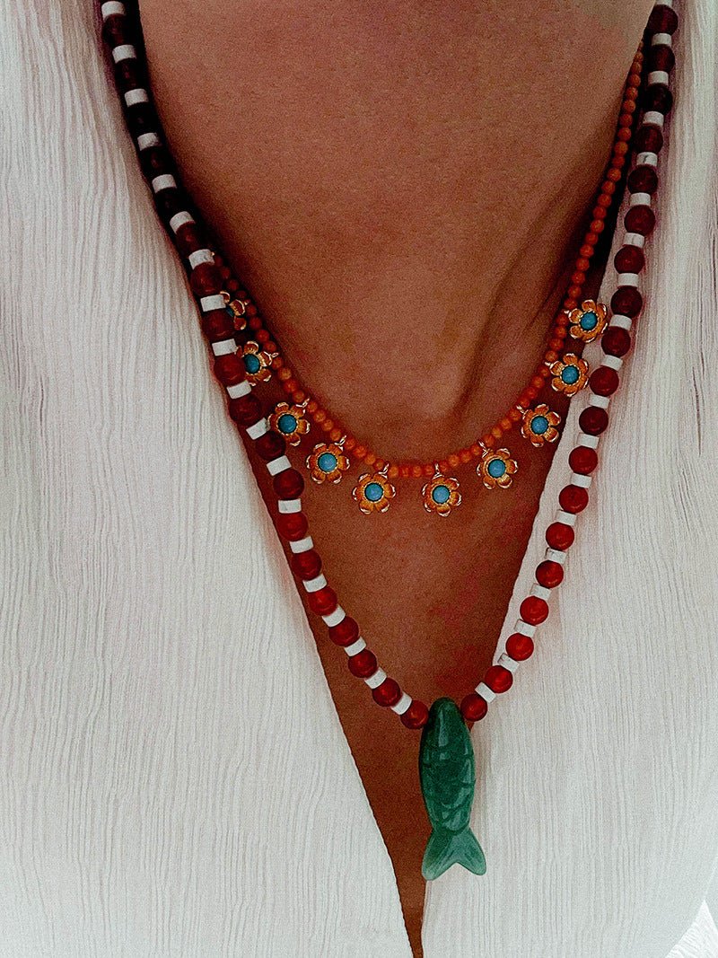 Vintage Carved Fish Necklace with Natural Stones – Red Green & Black White - floysun