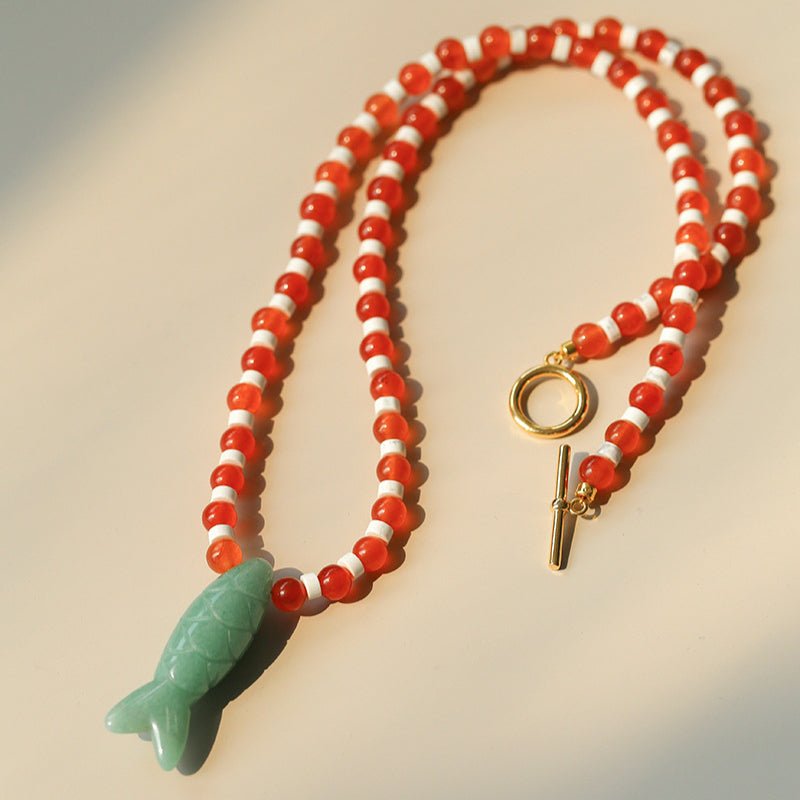 Vintage Carved Fish Necklace with Natural Stones – Red Green & Black White - floysun