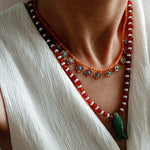 Vintage Carved Fish Necklace with Natural Stones – Red Green & Black White - floysun