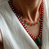Vintage Carved Fish Necklace with Natural Stones – Red Green & Black White - floysun