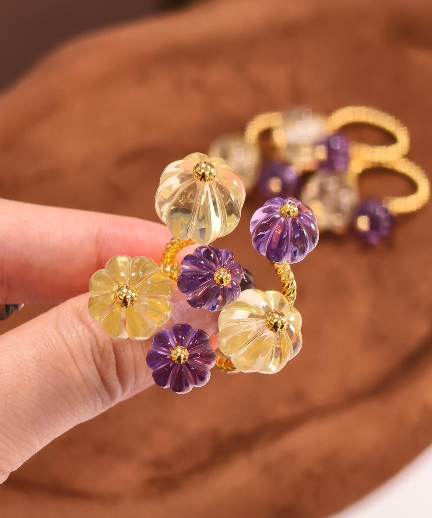 Vintage Citrine & Amethyst Pumpkin Bead Open Ring - floysun