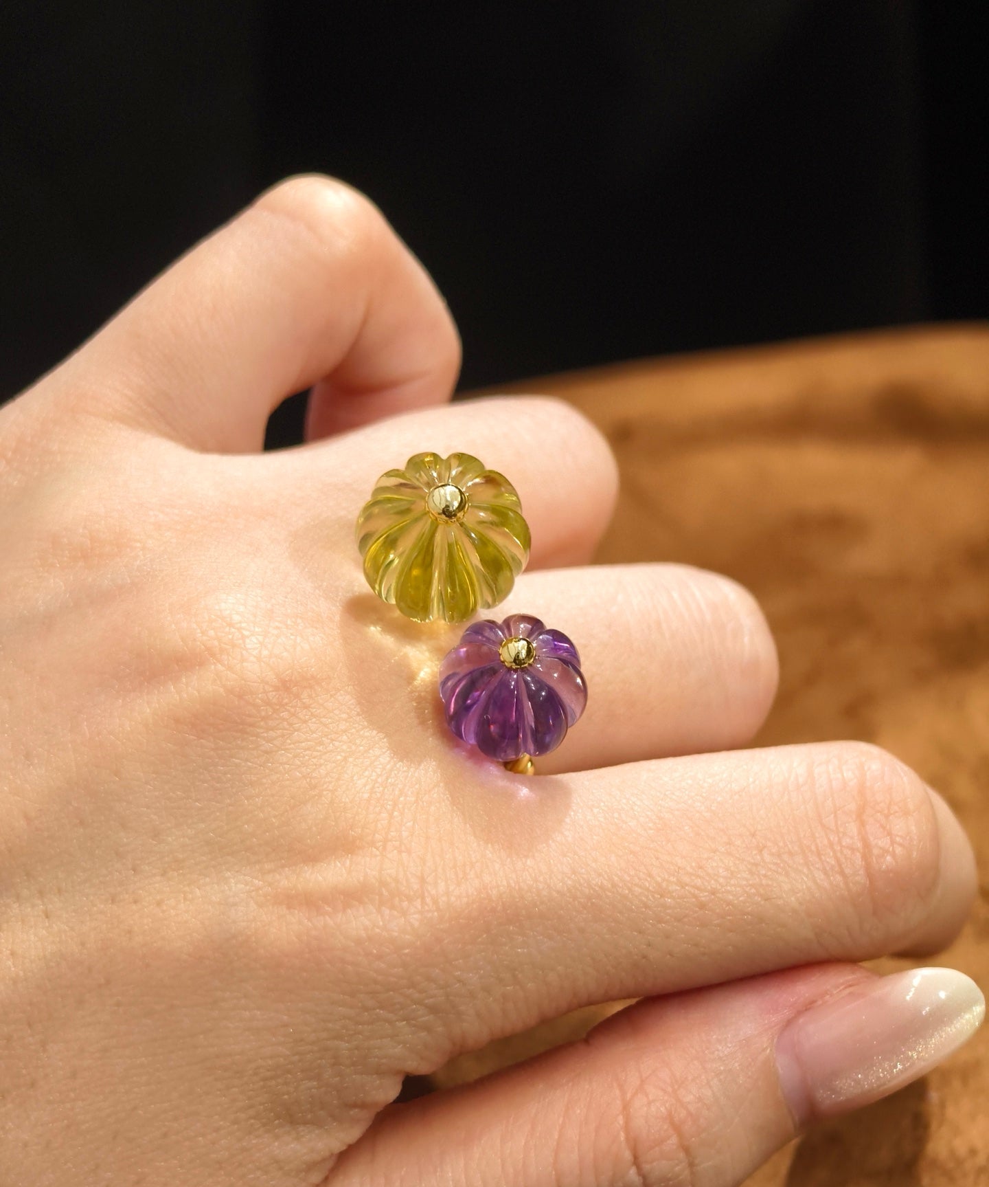 Vintage Citrine & Amethyst Pumpkin Bead Open Ring - floysun