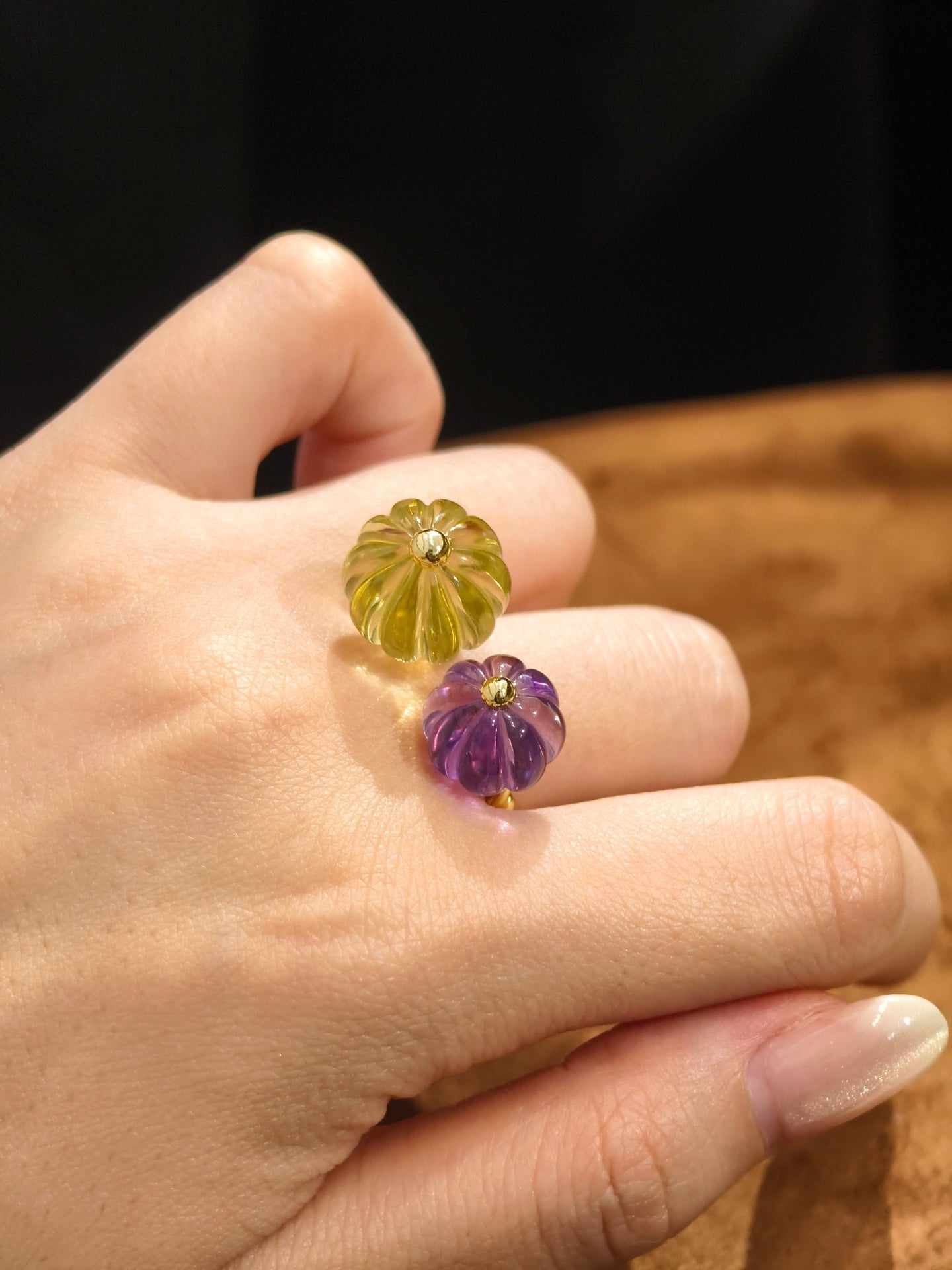Vintage Citrine & Amethyst Pumpkin Bead Open Ring - floysun
