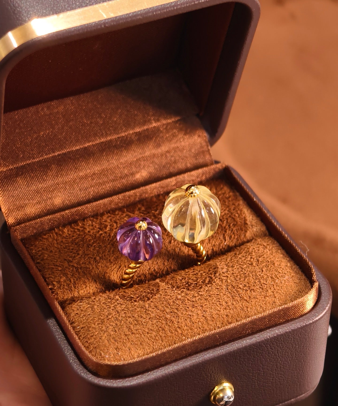 Vintage Citrine & Amethyst Pumpkin Bead Open Ring - floysun