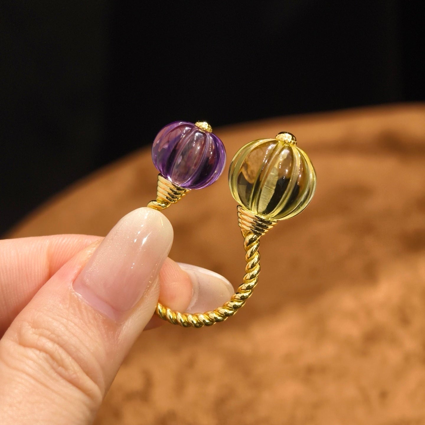Vintage Citrine & Amethyst Pumpkin Bead Open Ring - floysun