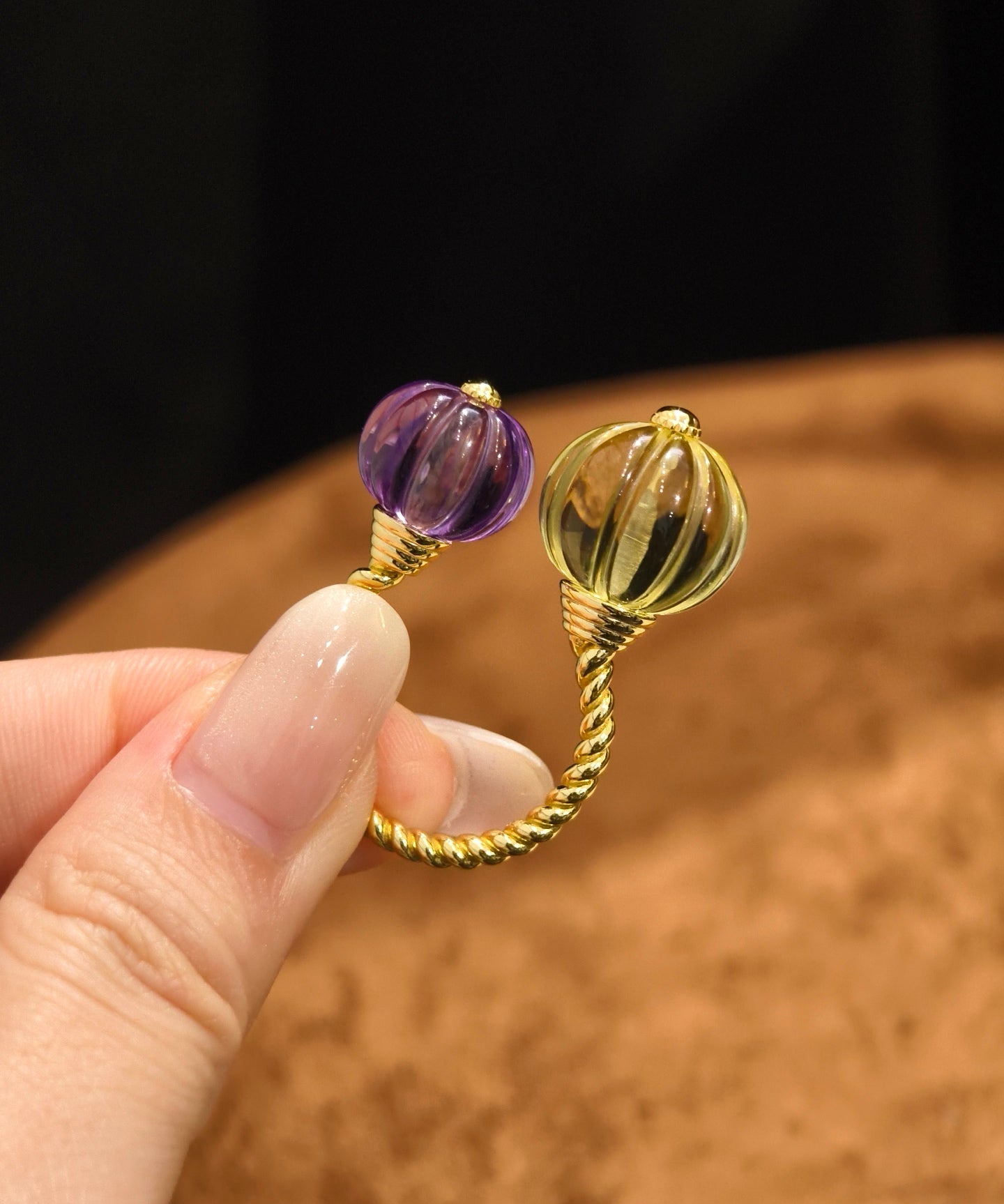 Vintage Citrine & Amethyst Pumpkin Bead Open Ring - floysun
