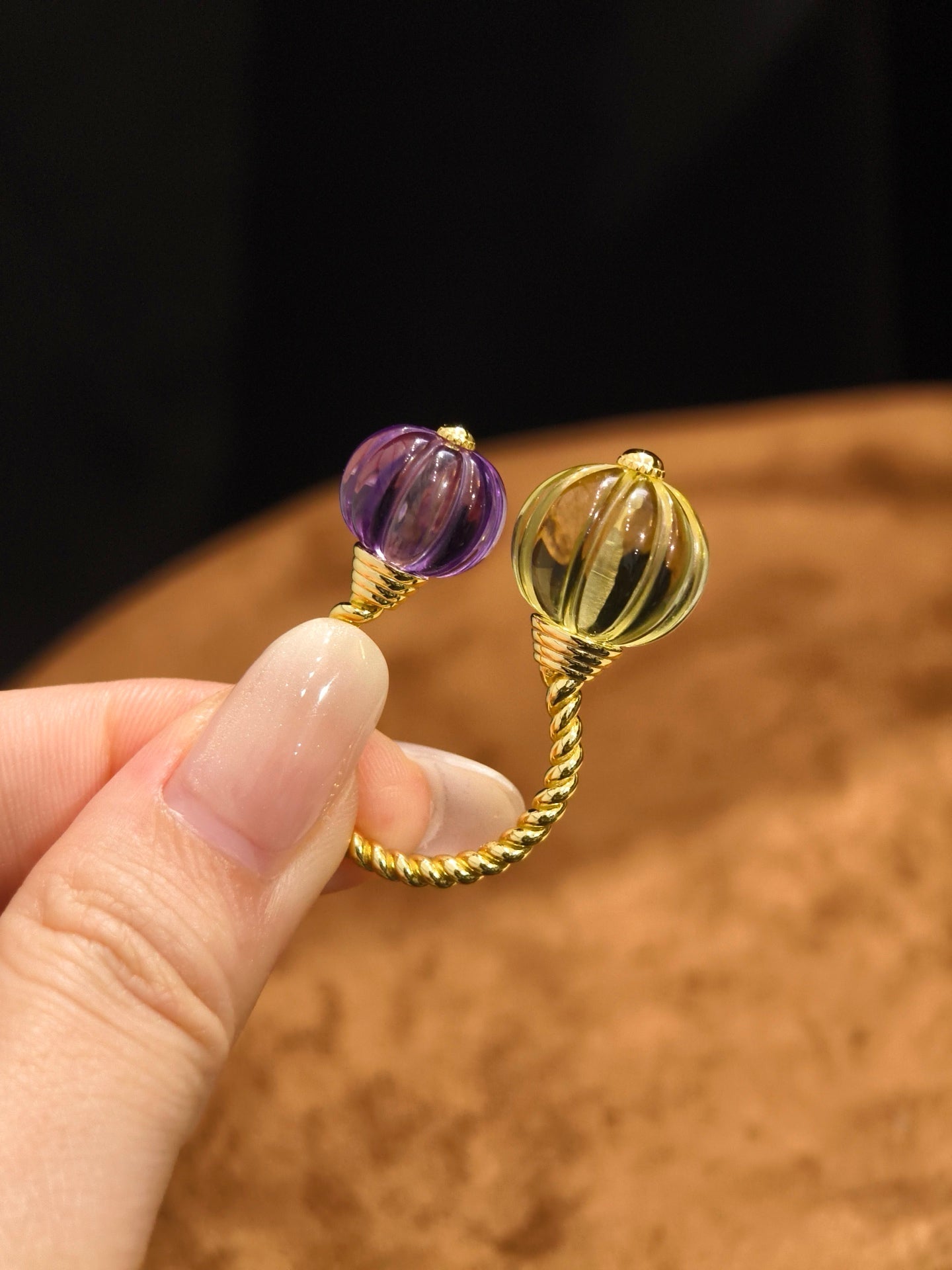 Vintage Citrine & Amethyst Pumpkin Bead Open Ring - floysun