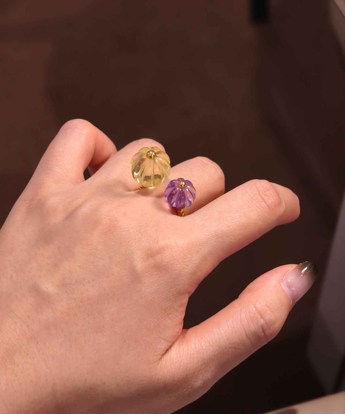 Vintage Citrine & Amethyst Pumpkin Bead Open Ring - floysun
