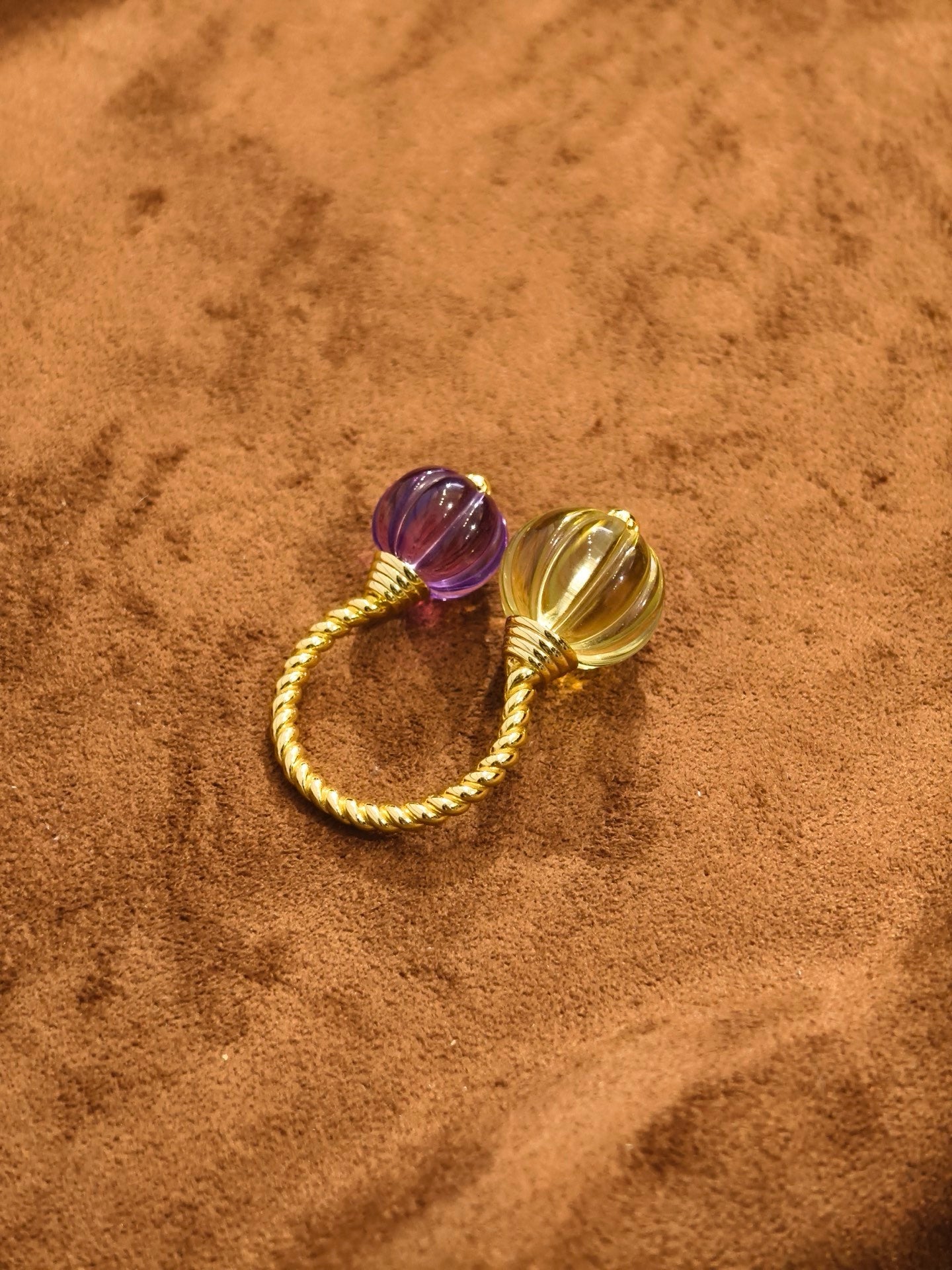 Vintage Citrine & Amethyst Pumpkin Bead Open Ring - floysun