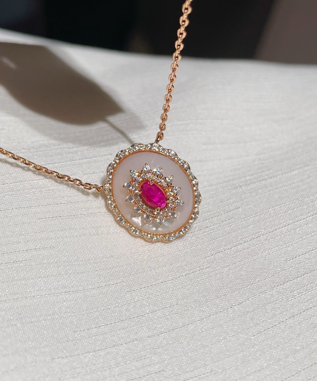 Vintage Court Ruby & Mother - of - Pearl Cabochon Necklace - floysun