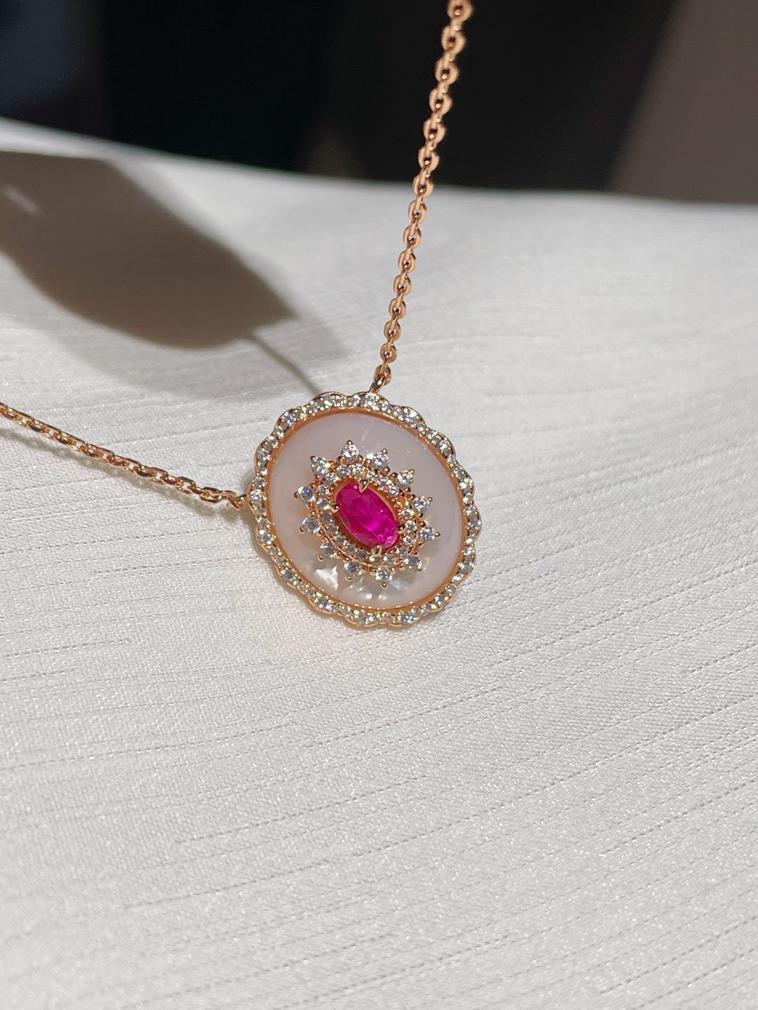 Vintage Court Ruby & Mother - of - Pearl Cabochon Necklace - floysun