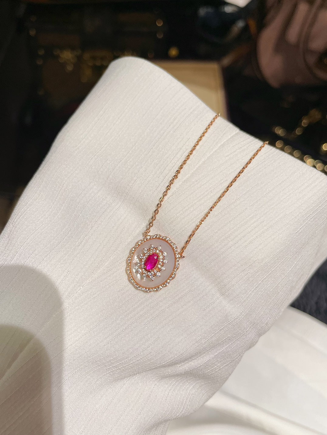 Vintage Court Ruby & Mother - of - Pearl Cabochon Necklace - floysun