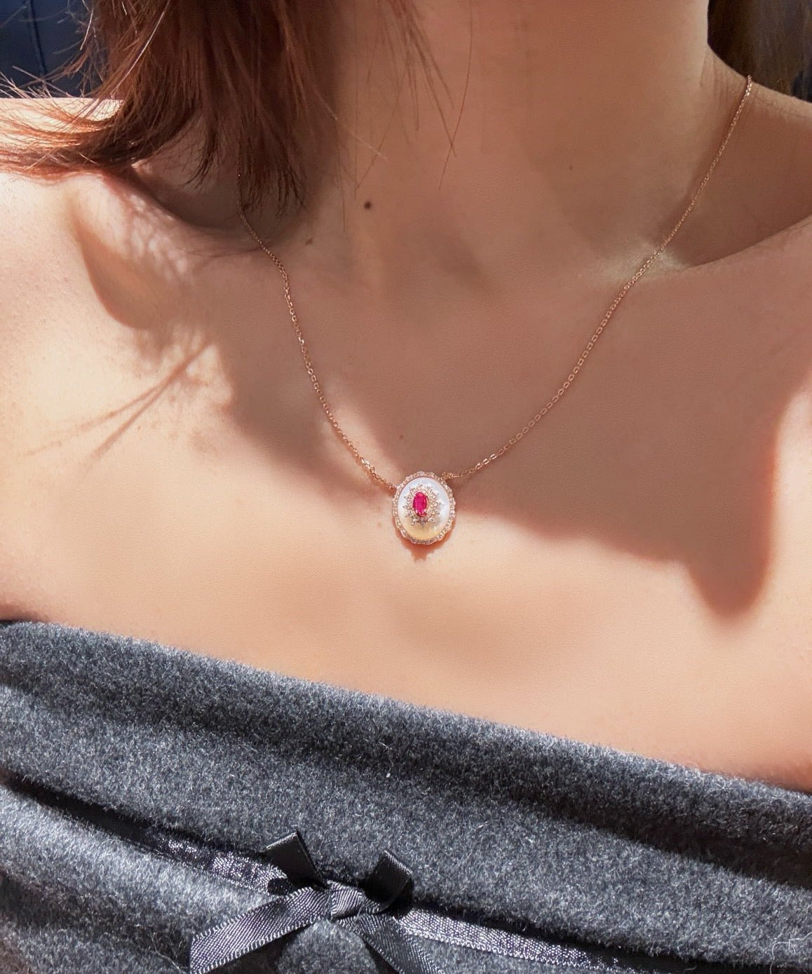 Vintage Court Ruby & Mother - of - Pearl Cabochon Necklace - floysun