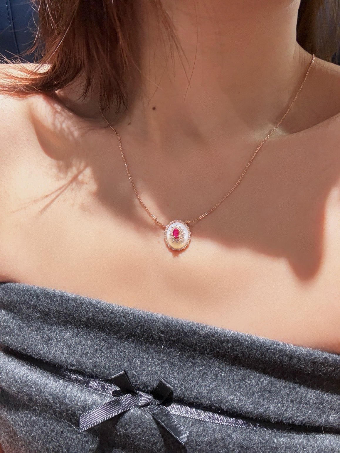 Vintage Court Ruby & Mother - of - Pearl Cabochon Necklace - floysun