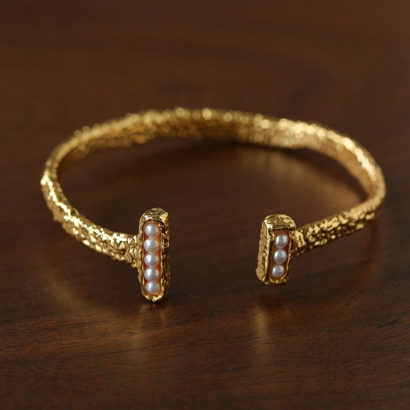 Vintage Crinkled Tin Foil Textured Pearl Open Cuff Bracelets - floysun
