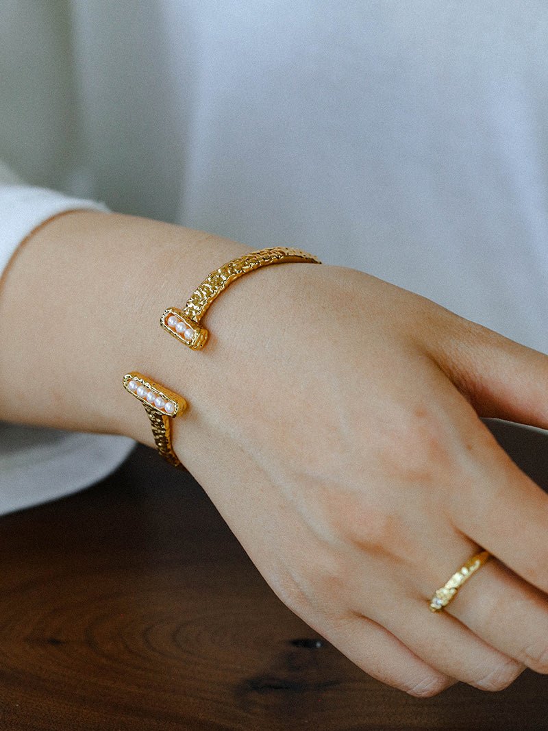Vintage Crinkled Tin Foil Textured Pearl Open Cuff Bracelets - floysun
